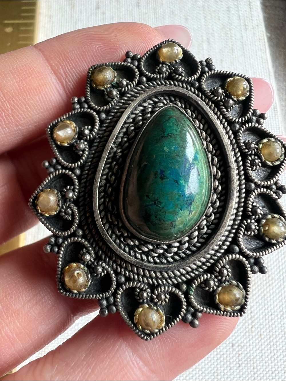 Sterling Silver Green Teardrop Chrysocolla Statement Pin Brooch 17.2g